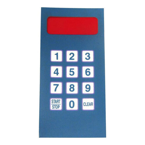 A blue rectangular panel with white buttons and red numbers.