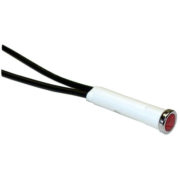 A close-up of a white and black cable connected to an All Points red signal light.