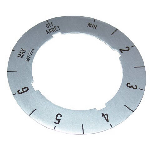 A circular white metal dial with black text for off, min, 2-6, and max.