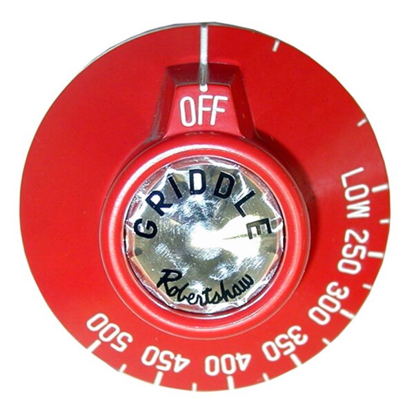 A red All Points thermostat dial with white text reading "Griddle" and black text.