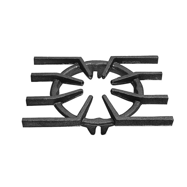 A black cast iron spider grate with six pointed tips.