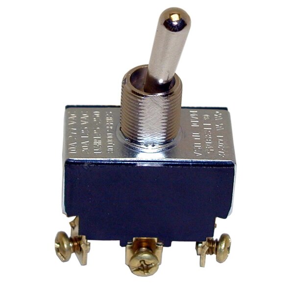 A metal toggle switch with a silver knob.