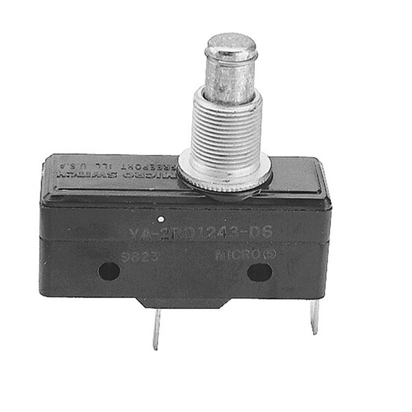A close-up of a small black micro plunger door switch with a white background.