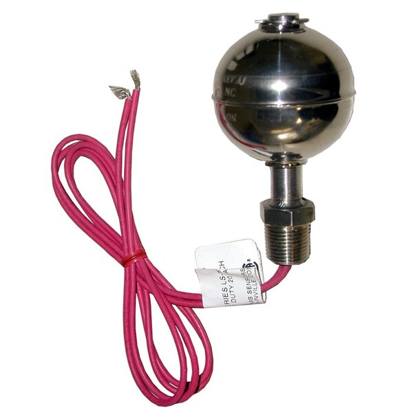 A close-up of a metal ball with a pink wire attached to it.