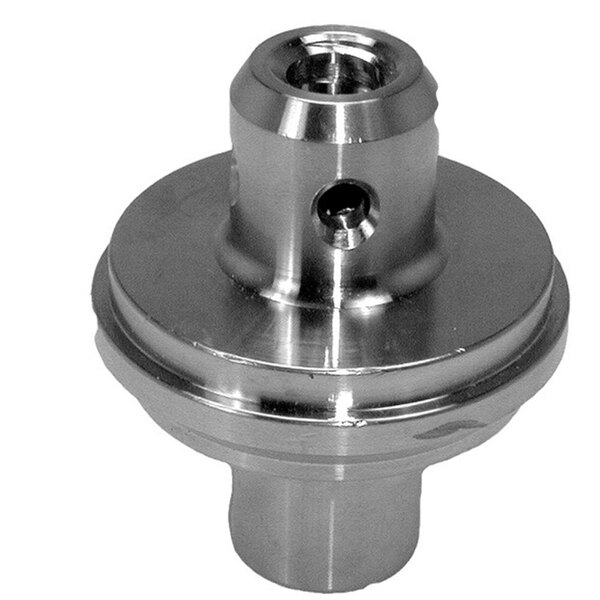 A stainless steel bonnet for a draw off valve with a hole in the center.
