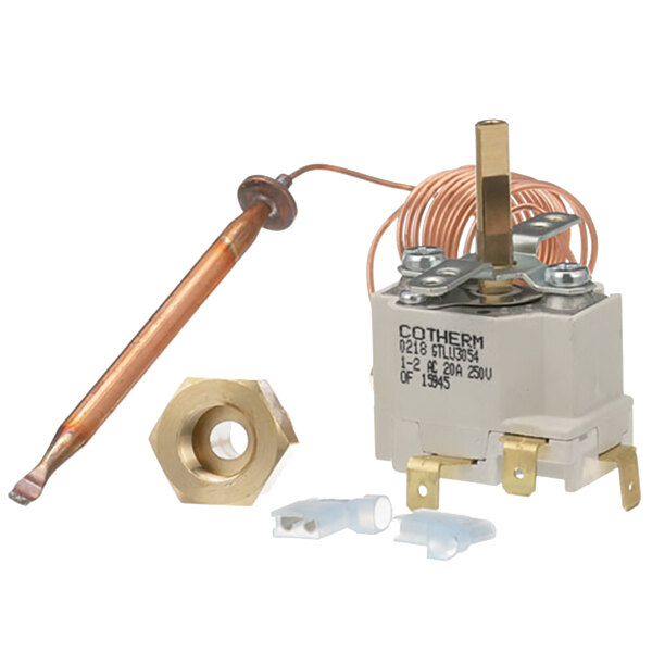An All Points thermostat with a copper capillary and brass nut.