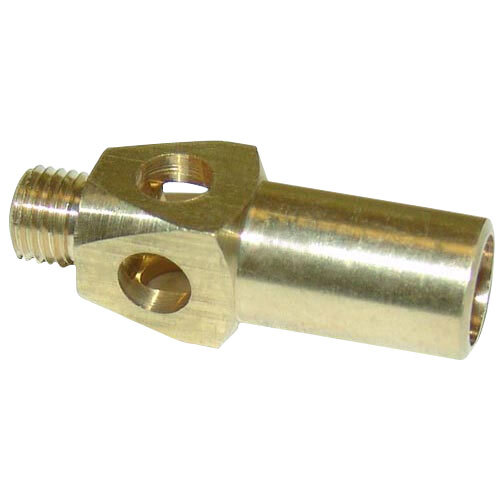 A close-up of a shiny brass All Points burner jet with holes on a white surface.