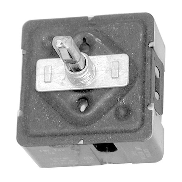 A close-up of a black square All Points infinite control switch with a metal knob.