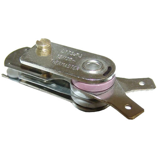 A close-up of a metal tool with a metal latch and pink button.