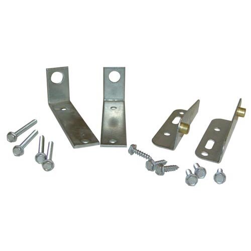 A group of metal brackets and screws, including a metal hinge bracket with a hole.