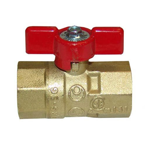 A brass All Points gas ball valve with a red handle.