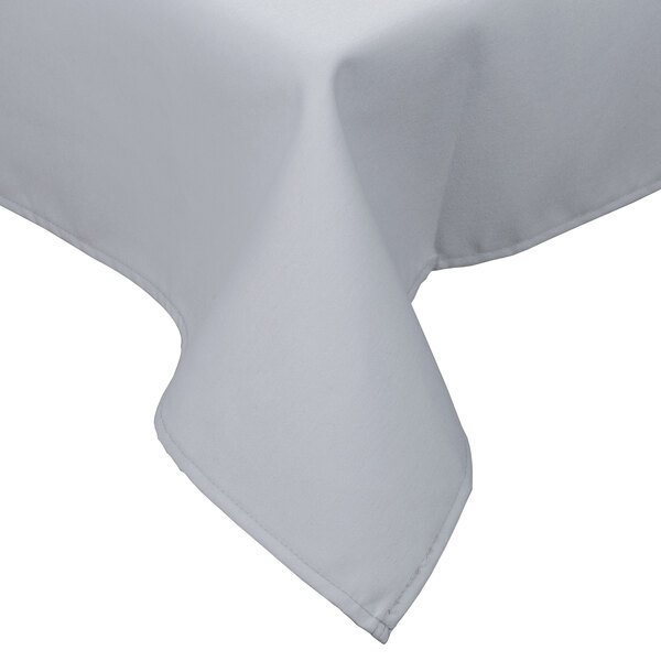 A gray hemmed Intedge cloth table cover on a table.