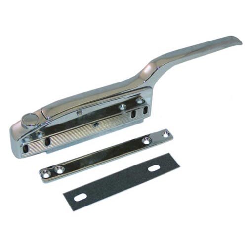 A Kason stainless steel magnetic door latch with an offset handle and screws.