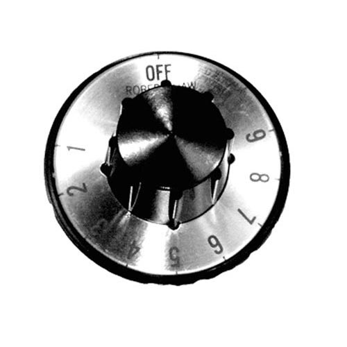 A close-up of a black and white All Points thermostat dial.