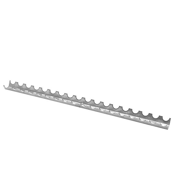 A long metal strip with 18 slots and holes in it.