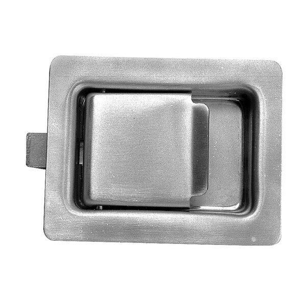 A square metal door latch plate with a square metal latch.