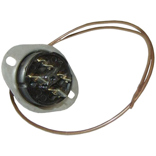 A round black and brown All Points Hi-Limit Disc Thermostat with wires.