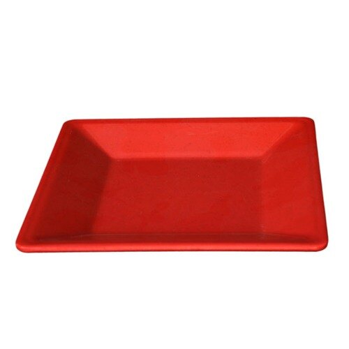 A red square Thunder Group Passion Red plate on a counter.