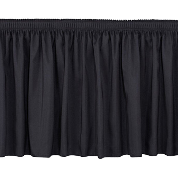 A black shirred stage skirt for a 24" stage with pleated ruffles.