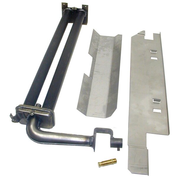 A white rectangular steel burner assembly with long black metal rods.