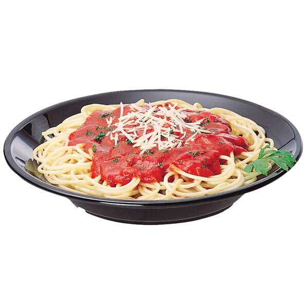A black Cambro polycarbonate bowl filled with spaghetti and sauce with cheese on top.
