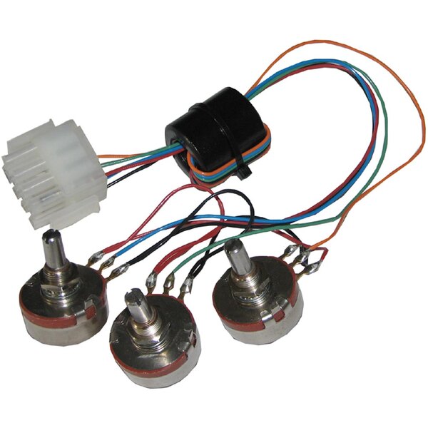 A set of 3 round metal potentiometers with a black coil and colorful wires.