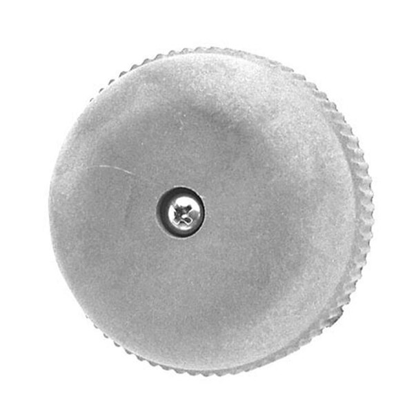 A silver metal round valve knob with a screw in it.