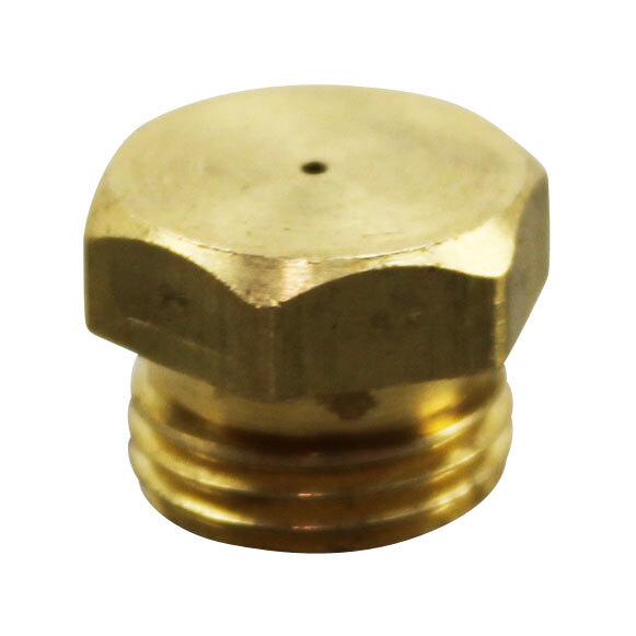 A gold metal All Points burner orifice with a black hole on a white background.