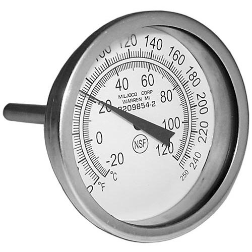 A close-up of an All Points dishwasher thermometer with a metal back.