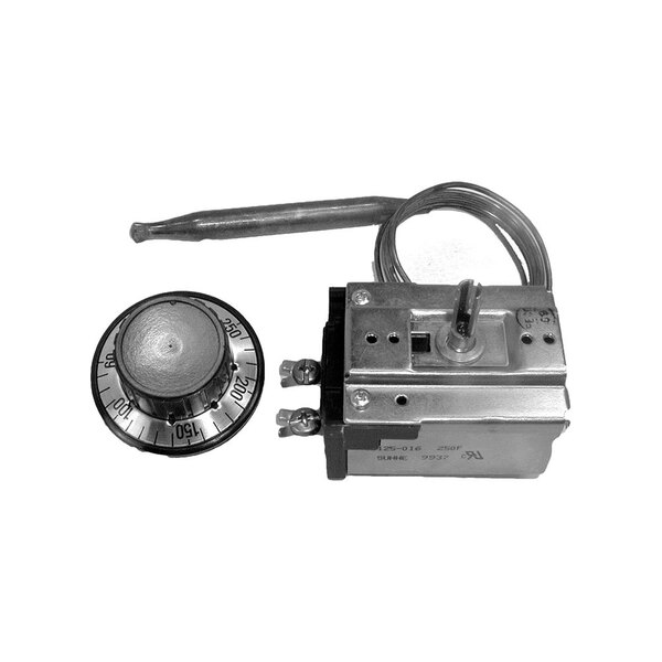 An All Points TB125 Thermostat with a 48" Capillary and a temperature dial set to 250 degrees Fahrenheit.