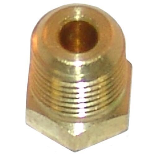 A brass hex head plug with threads on the end.