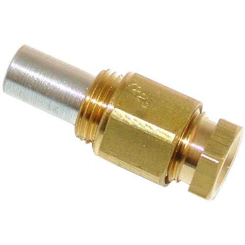 A close-up of a brass and silver All Points Baso pilot orifice connector with a gold metal tip.