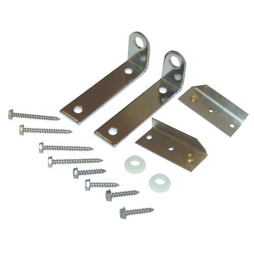 A set of metal brackets and screws for a door.