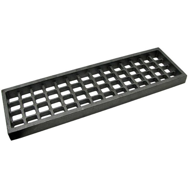 A black rectangular cast iron bottom grate with a grid pattern on it.