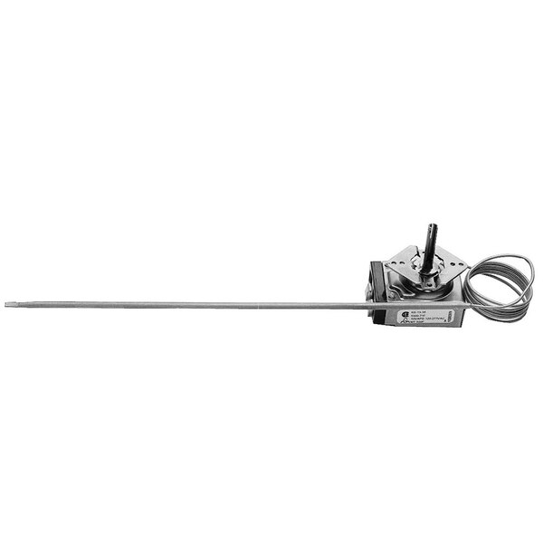 A metal temperature probe with a long, thin metal bar and wire.