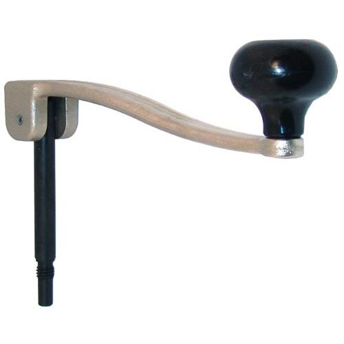 A black and silver metal handle and arbor assembly with a black knob on the end.