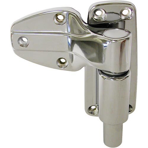 A chrome spring loaded door hinge for a container lid.