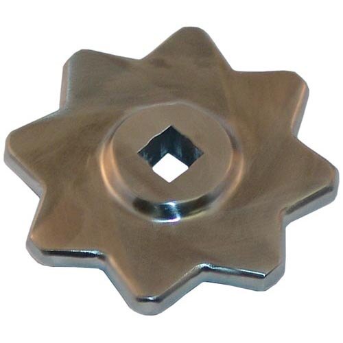 A silver metal star-shaped kettle stem handle with a square hole in the center.