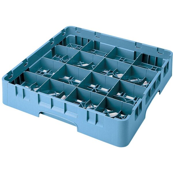 A blue plastic container with many compartments and holes.