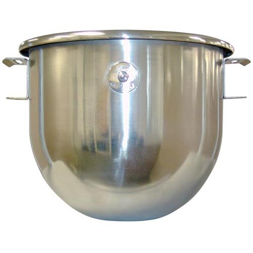 A stainless steel mixing bowl with handles.