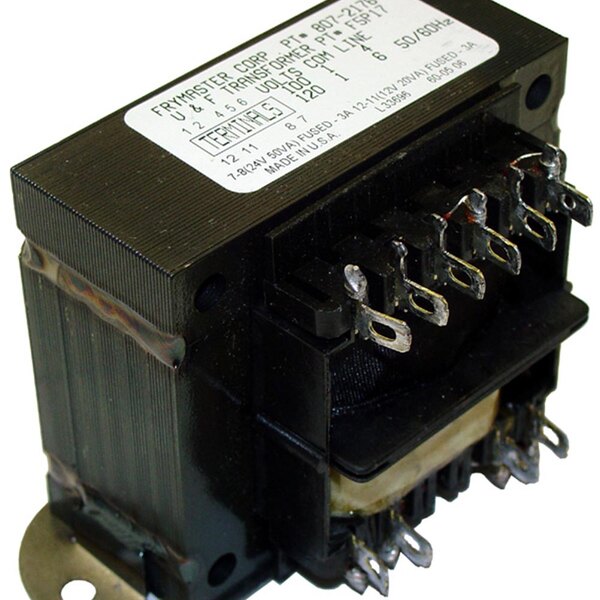 A close-up of a black All Points dual transformer with a white label.