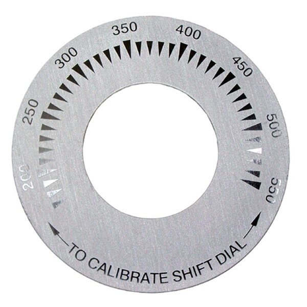 A circular metal dial with black text on a white background.