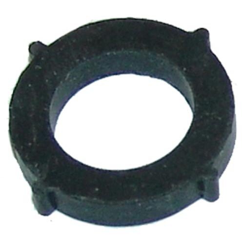 A black rubber shield cap washer with a hole in it.