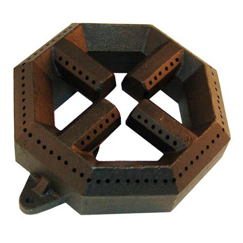 A close-up of a metal All Points cast iron burner head with holes.
