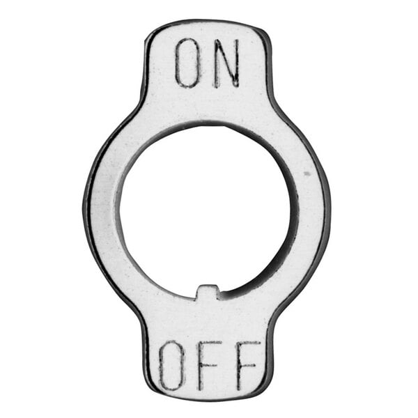A white metal All Points toggle switch plate with the words "on" and "off" on it.