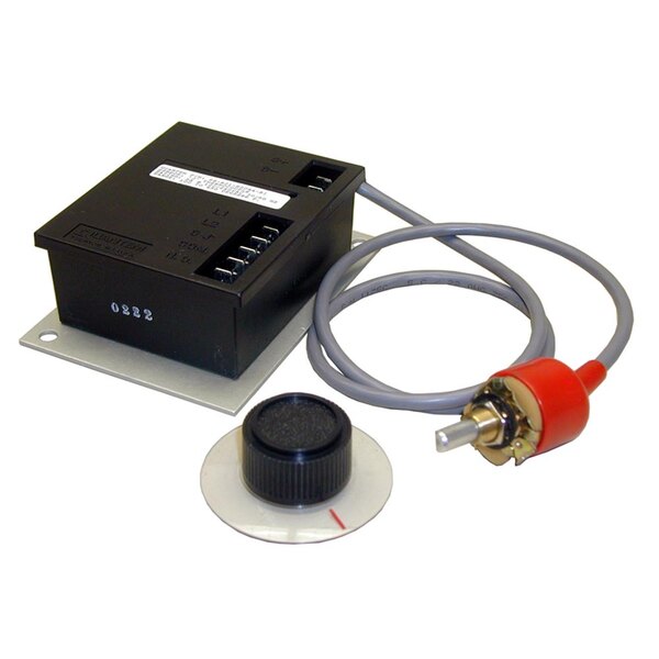 A black electronic temperature controller with a red and silver cable and black cap.