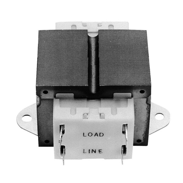 An All Points 50VA transformer with white and black wires and the words "load" and "line" on the white plastic cover.