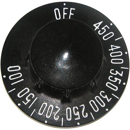 A close-up of a black All Points braising pan thermostat knob with white numbers.