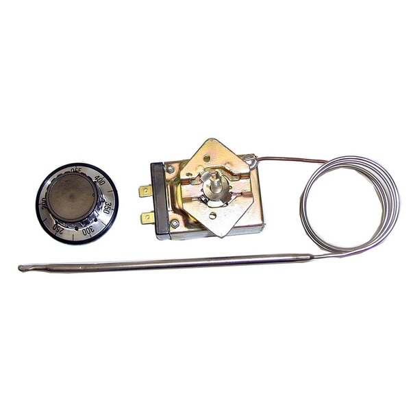 A small metal thermostat with a round metal dial and a wire.