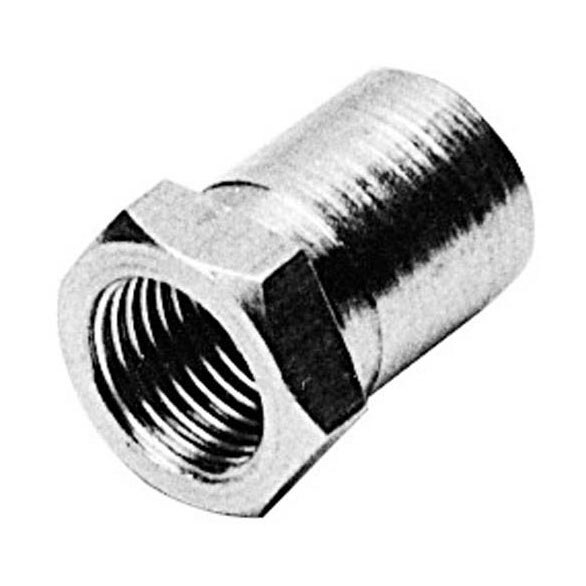 A stainless steel nut with a circular opening and threads.